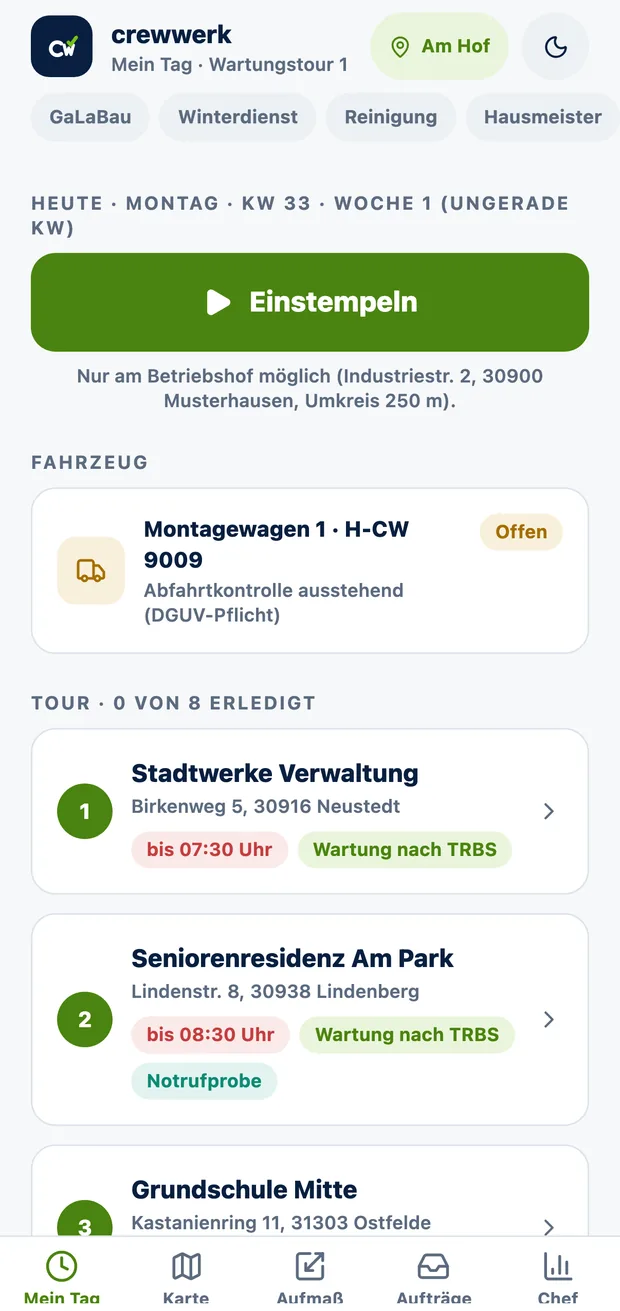 CrewWerk App, Tagesansicht für Aufzugswartung