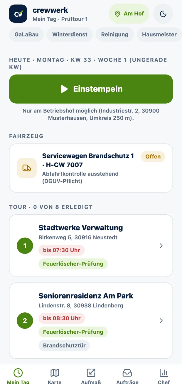 CrewWerk App, Tagesansicht für Brandschutzprüfung