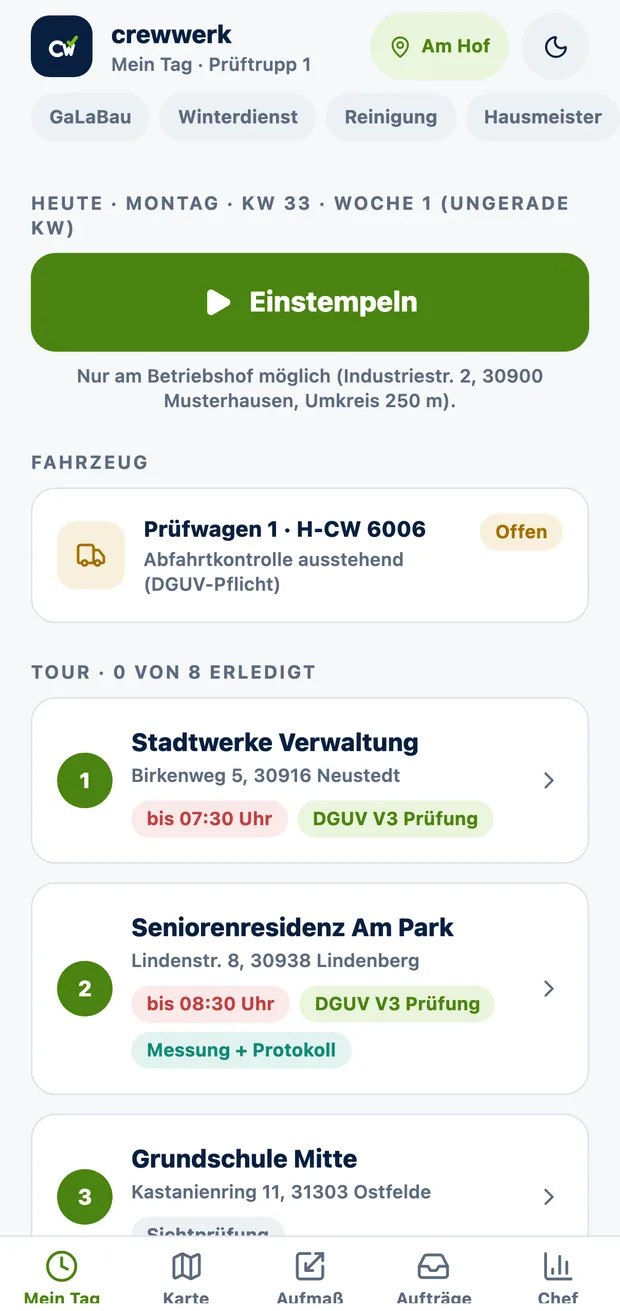 CrewWerk App, Tagesansicht für Elektroprüfung nach DGUV V3