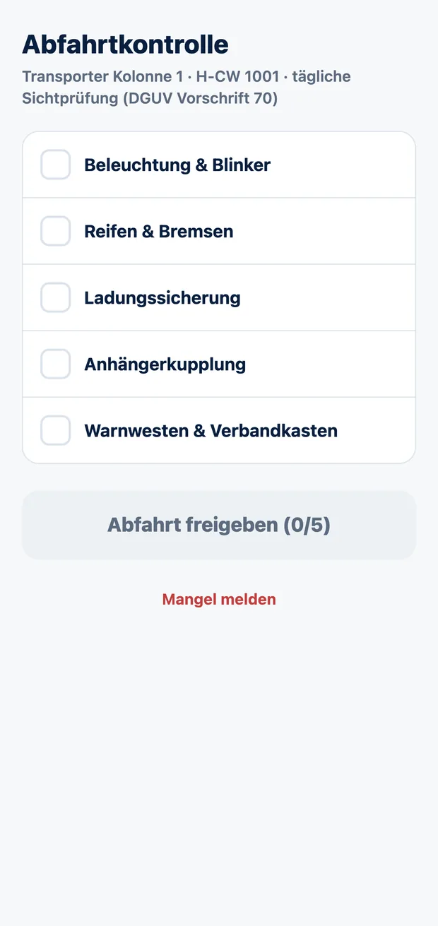 CrewWerk App, Ansicht Abfahrtkontrolle