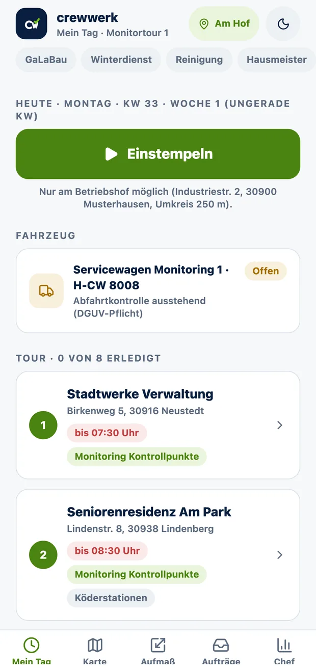 CrewWerk App, Tagesansicht für Schädlingsbekämpfung