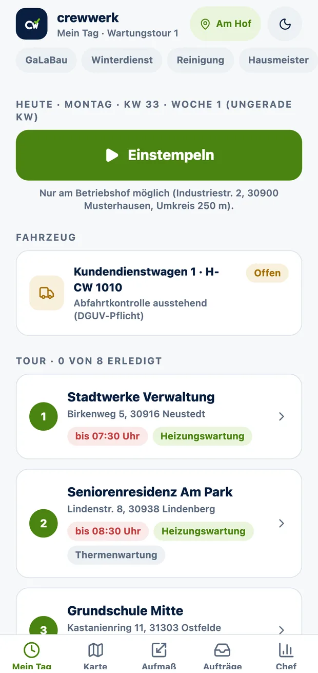 CrewWerk App, Tagesansicht für SHK-Wartungsverträge
