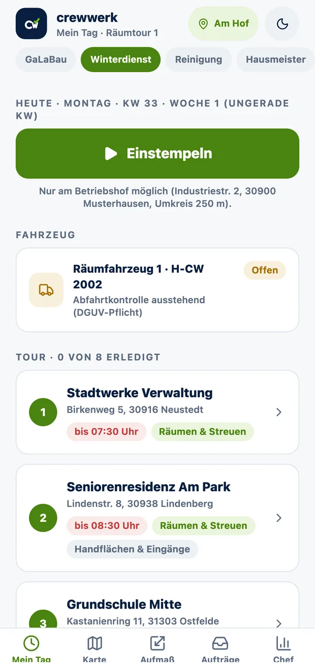 CrewWerk App, Räumtour im Winterdienst